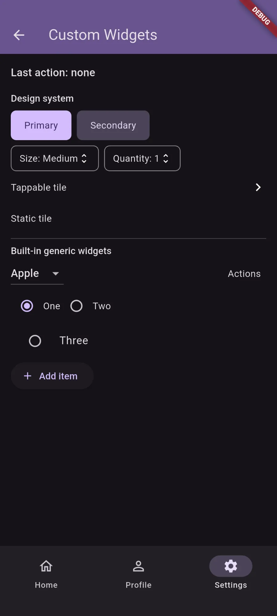 The Custom Widgets screen of the example app